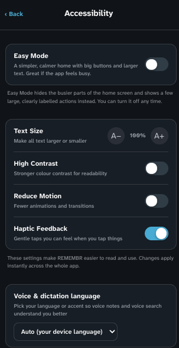REMEMBR's Accessibility settings panel. Labeled toggles for Easy Mode, High Contrast, Reduce Motion and Haptic Feedback, a Text Size control set to 100 percent, and a Voice and dictation language selector.