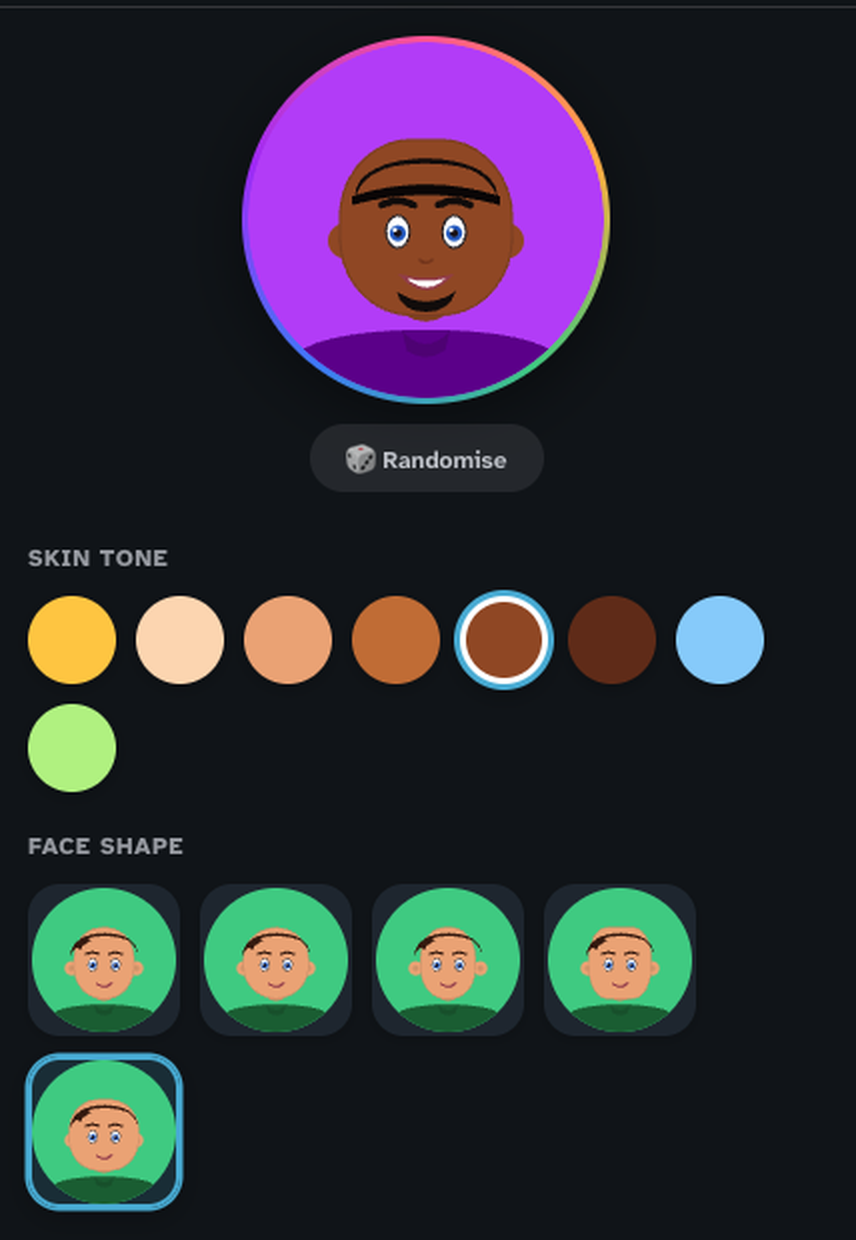 REMEMBR's avatar creator. A large illustrated face preview sits above a Randomize button, a row of eight selectable skin tone swatches, and a grid of five face shape options with the last one selected.